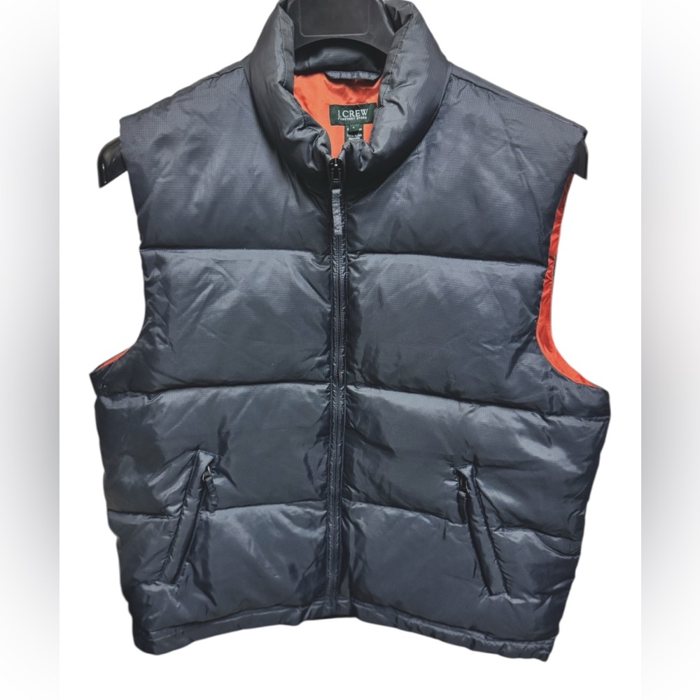 J.CREW Factory Fall 2004 Navy & Orange Down Feather Puffer Full-Zip Vest Sz L